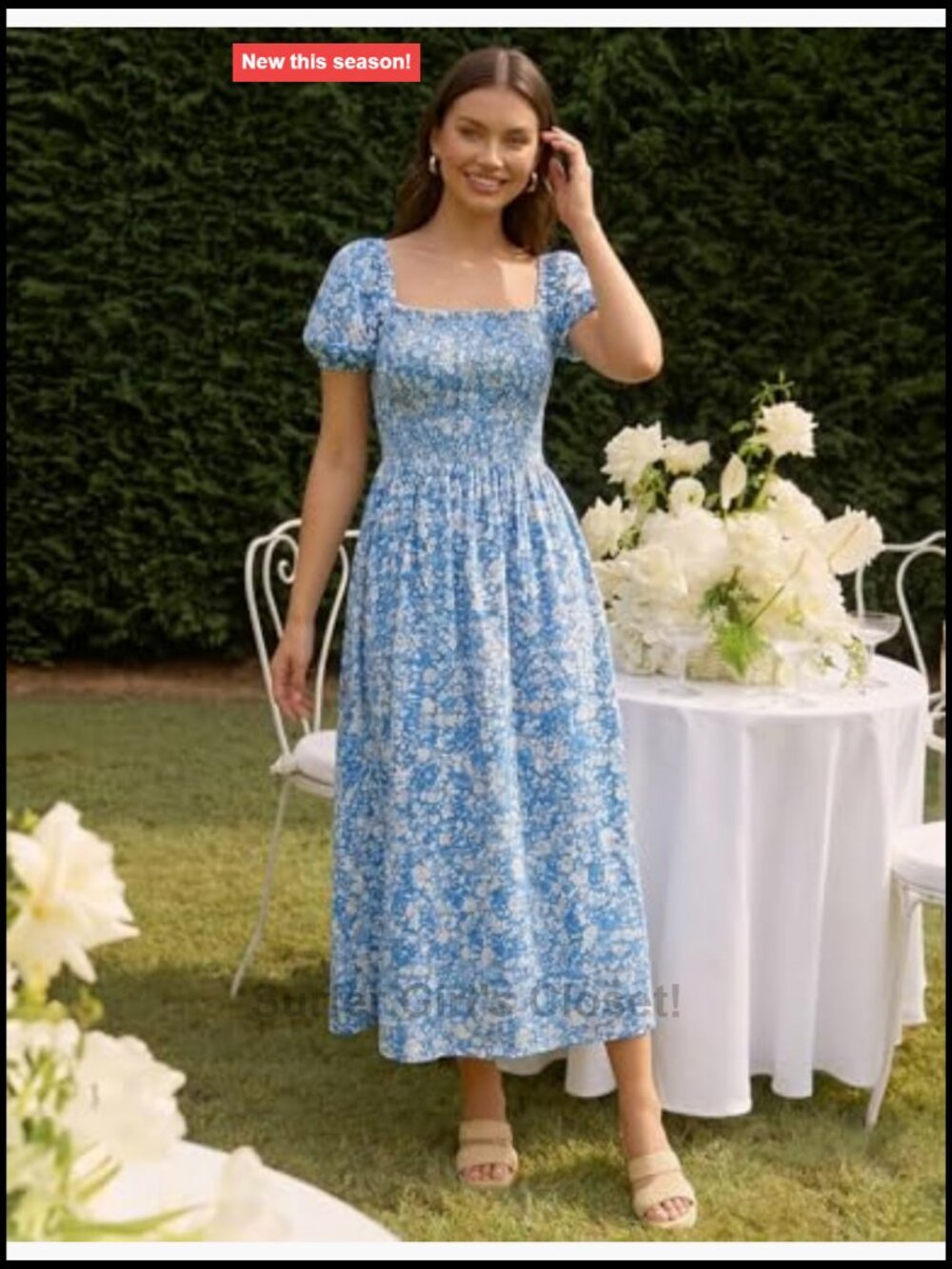 Ruffle Sleeve Boho Floral Maxi Dress Square Neck Smocked - Picture 2 of 7